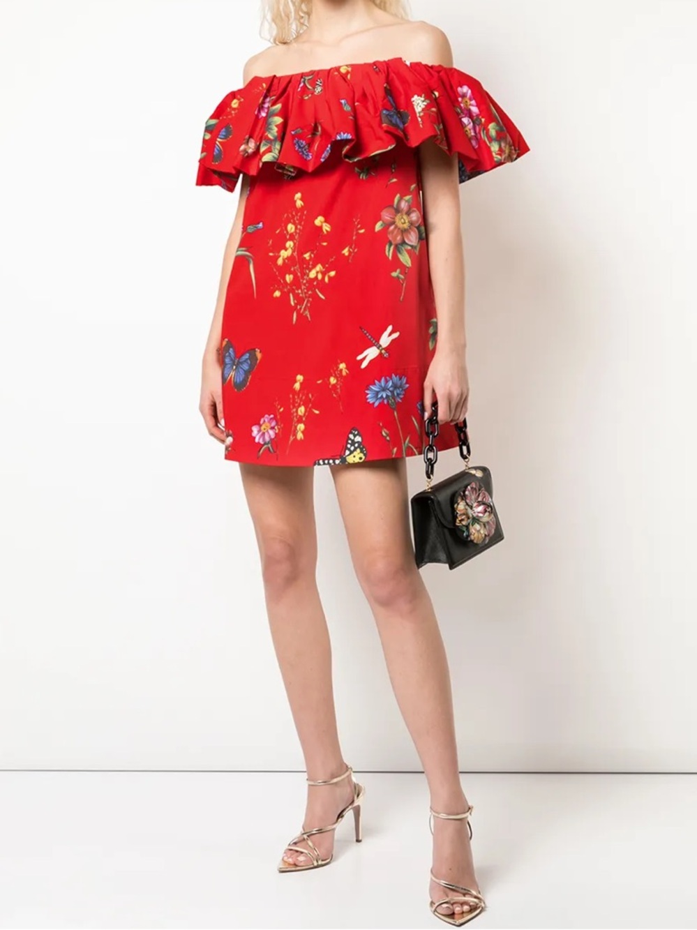 Oscar de la Renta Off The Shoulder Floral Ruffle Mini Dress Red NWT Size 6